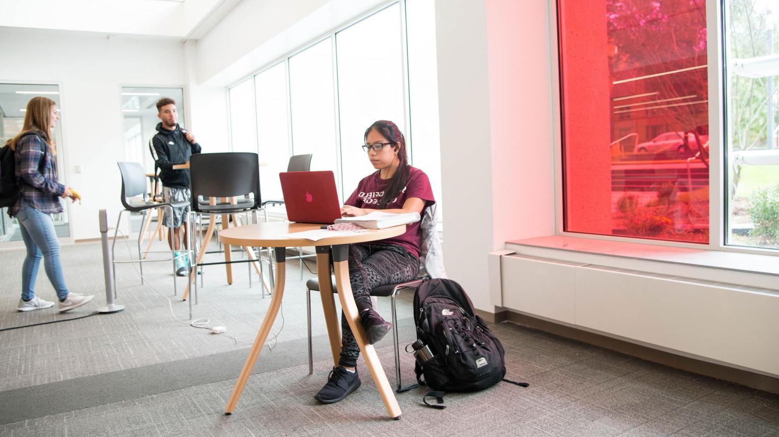 A female student types on her laptop in the Learning Commons.