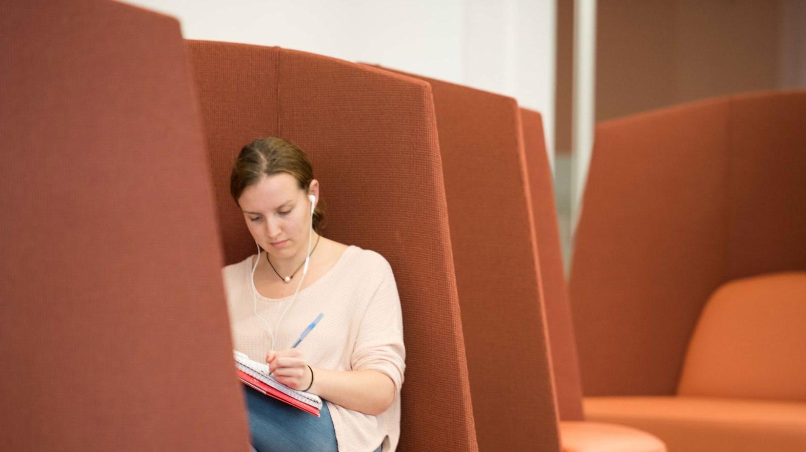  A female student writes in a study nook.